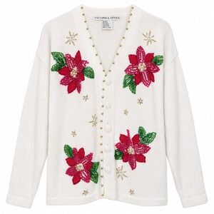 Victoria Jones Poinsettia Cardigan Womens Large White Beaded Floral Excellent